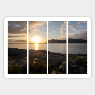 Wonderful landscapes in Norway. Vestland. Beautiful scenery of a sunset on a calm sea in a sunny day with sunrays through the clouds and a fisherman on the shore. Yellow sky and rocks Sticker